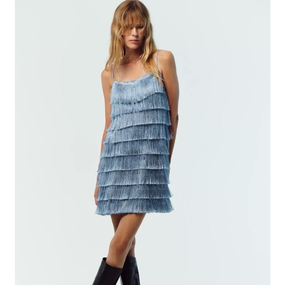 Zara Sky Blue Layered Fringe Mini Dress